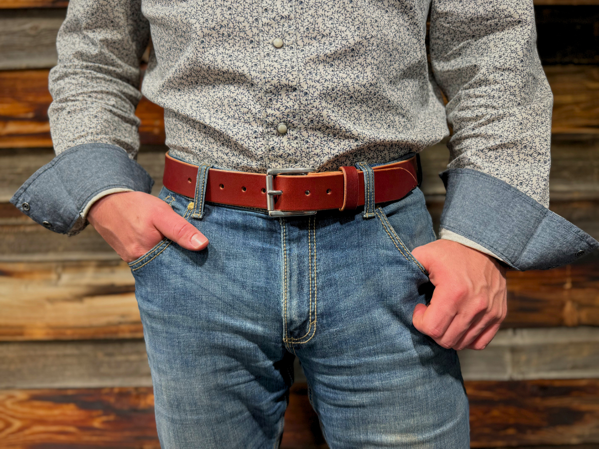 Chestnut leather work belt worn on the job — The Heritage Belt 1.5 inch full-grain English bridle hide, classic fit for any belt loop, made in Alberta Canada - Stewart Leather