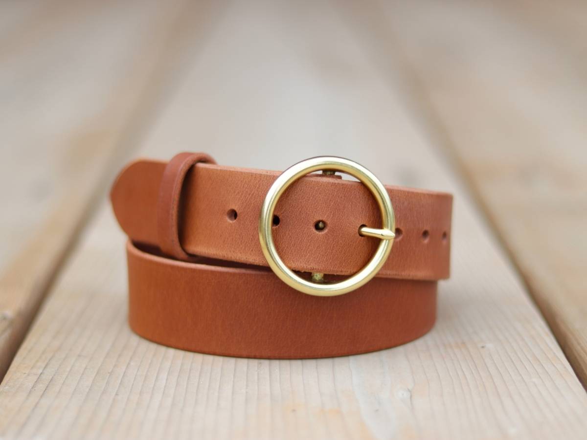 Her Belt Cognac coiled leather belt - Ladies work and dress belt - full grain water buffalo leather with brass buckle
