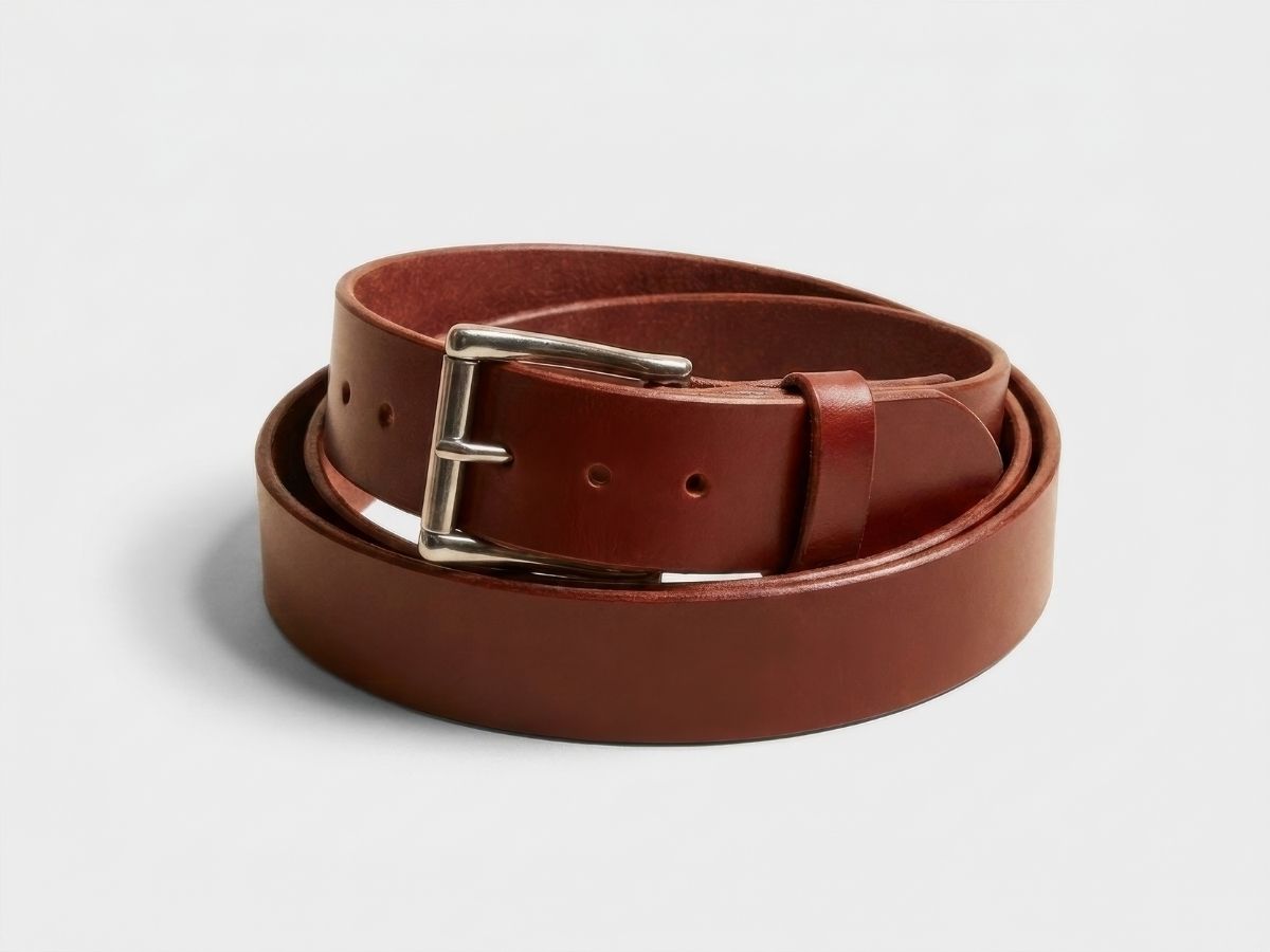 Chestnut full-grain English bridle leather work belt coiled — The Man Belt 1¾ inch heavy duty belt handcrafted in Alberta, Canada - Stewart Leather