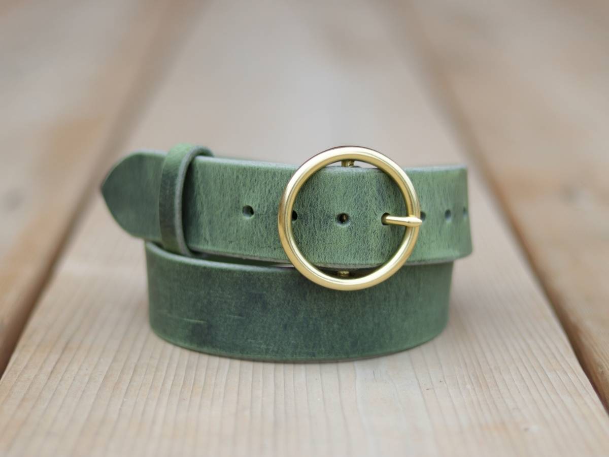 Her Belt Green coiled leather belt - Ladies work and dress belt - full grain water buffalo leather with brass buckle
