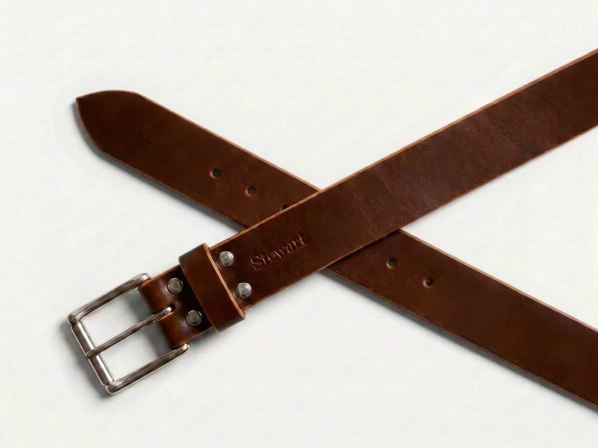 Rich brown leather work belt buckle detail — stainless interchangeable buckle locked with 4 Chicago screws, built for trades, handcrafted in Alberta - Stewart Leather