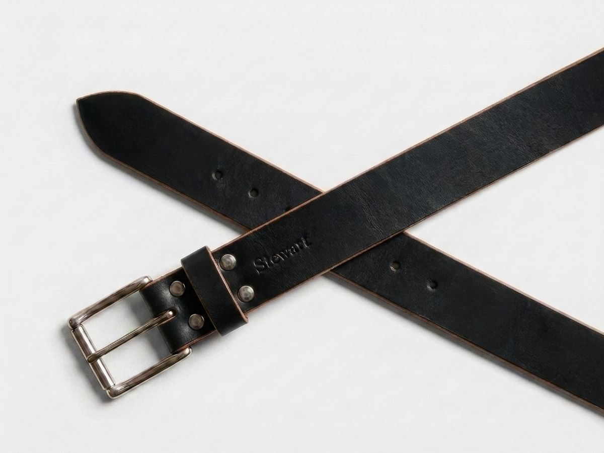 Black leather work belt buckle detail — stainless interchangeable buckle locked with 4 Chicago screws, built for trades and oilfield, handcrafted in Alberta - Stewart Leather