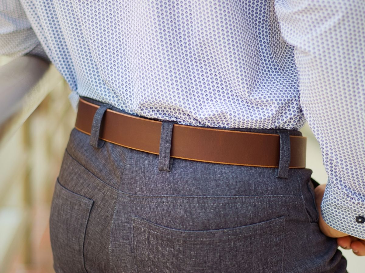 Side view of espresso Water Buffalo leather mens dress belt — 1.5 inch sharp clean fit for dress pants, buy once wear for life, made in Alberta - Stewart Leather
