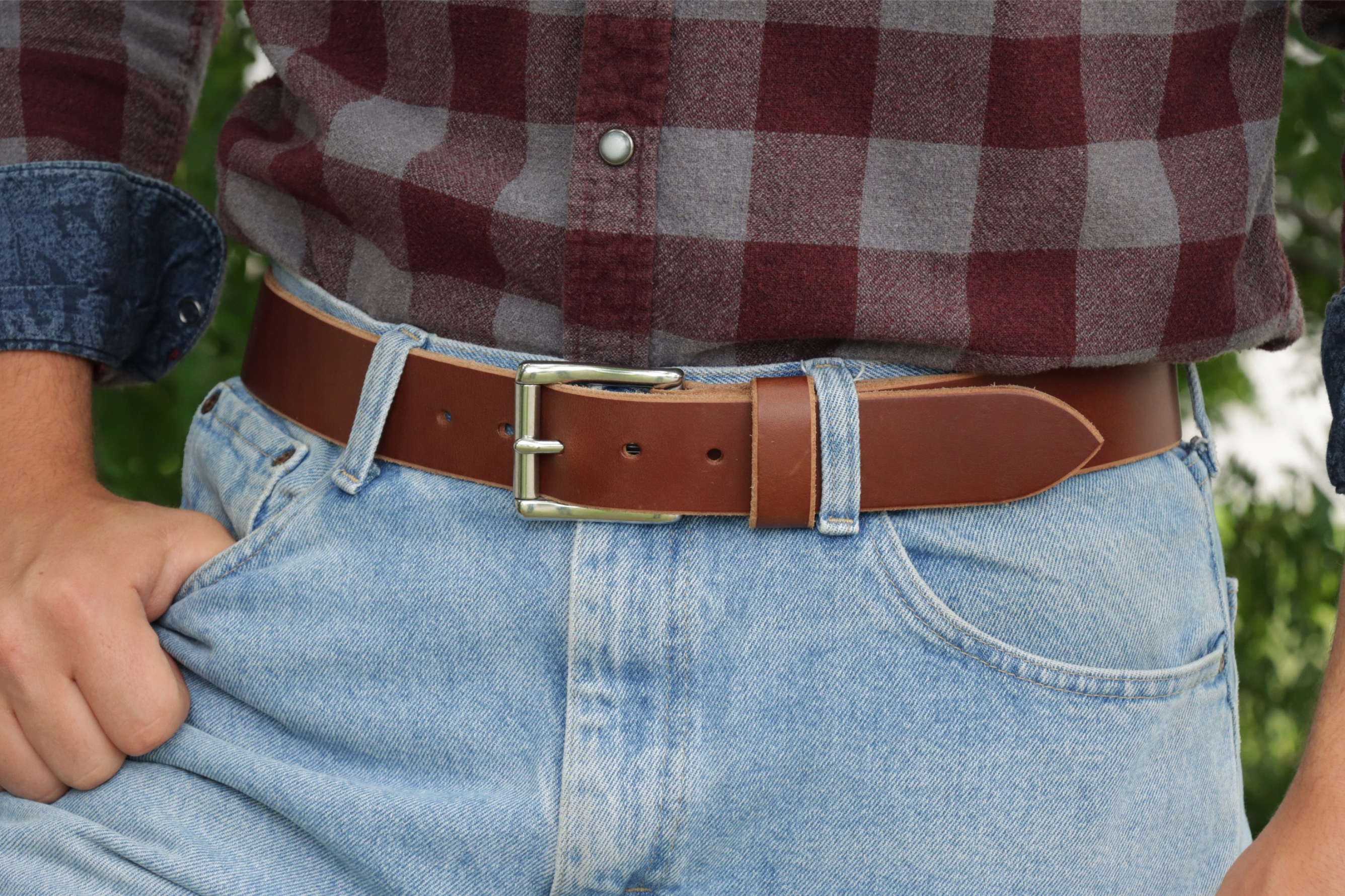 1½ inch Rich Brown heavy-duty leather work belt for men (front in action)