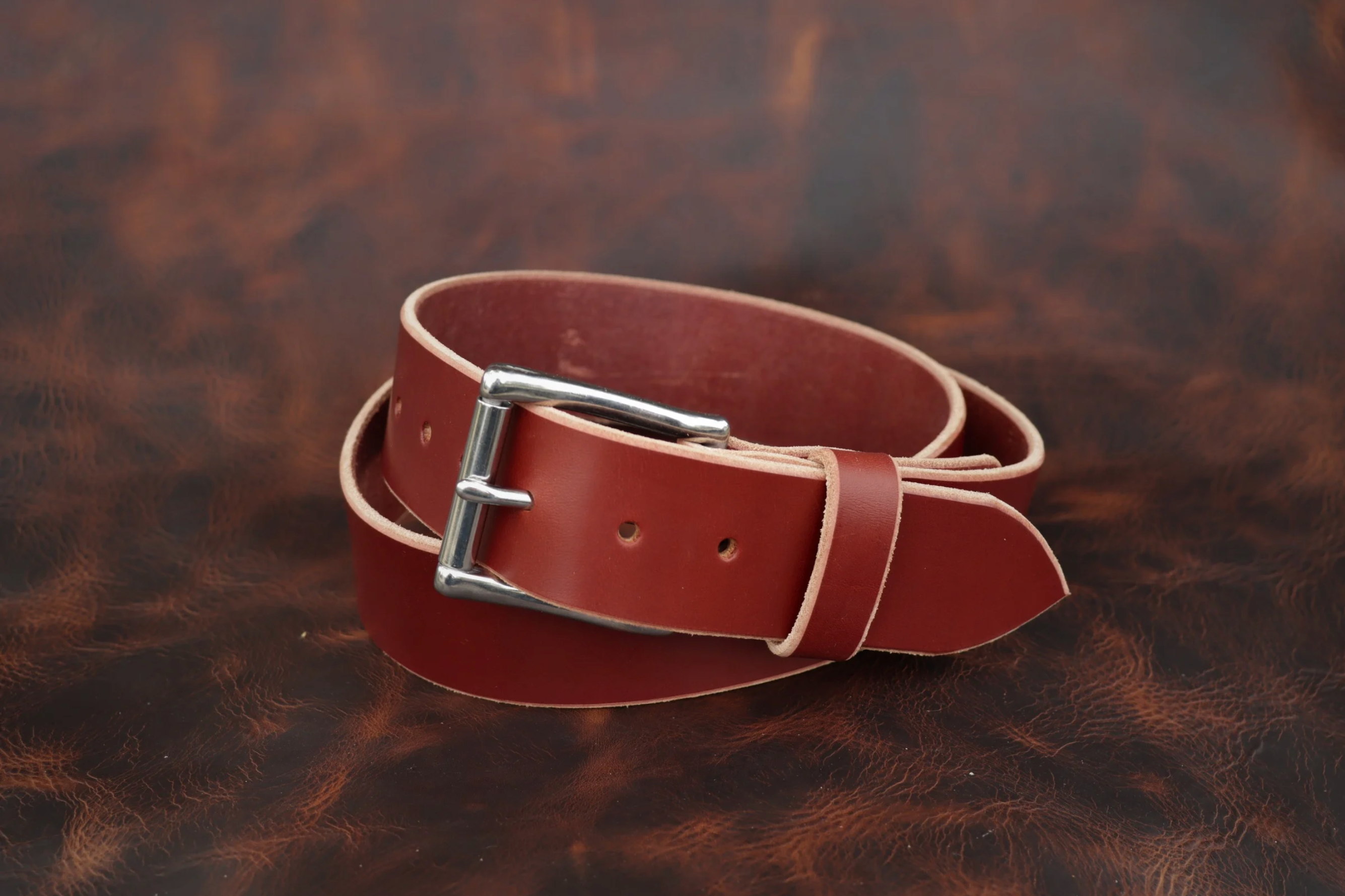 Chestnut 1¾″ heavy-duty leather work belt – The Man Belt, handcrafted for blue-collar men (front)