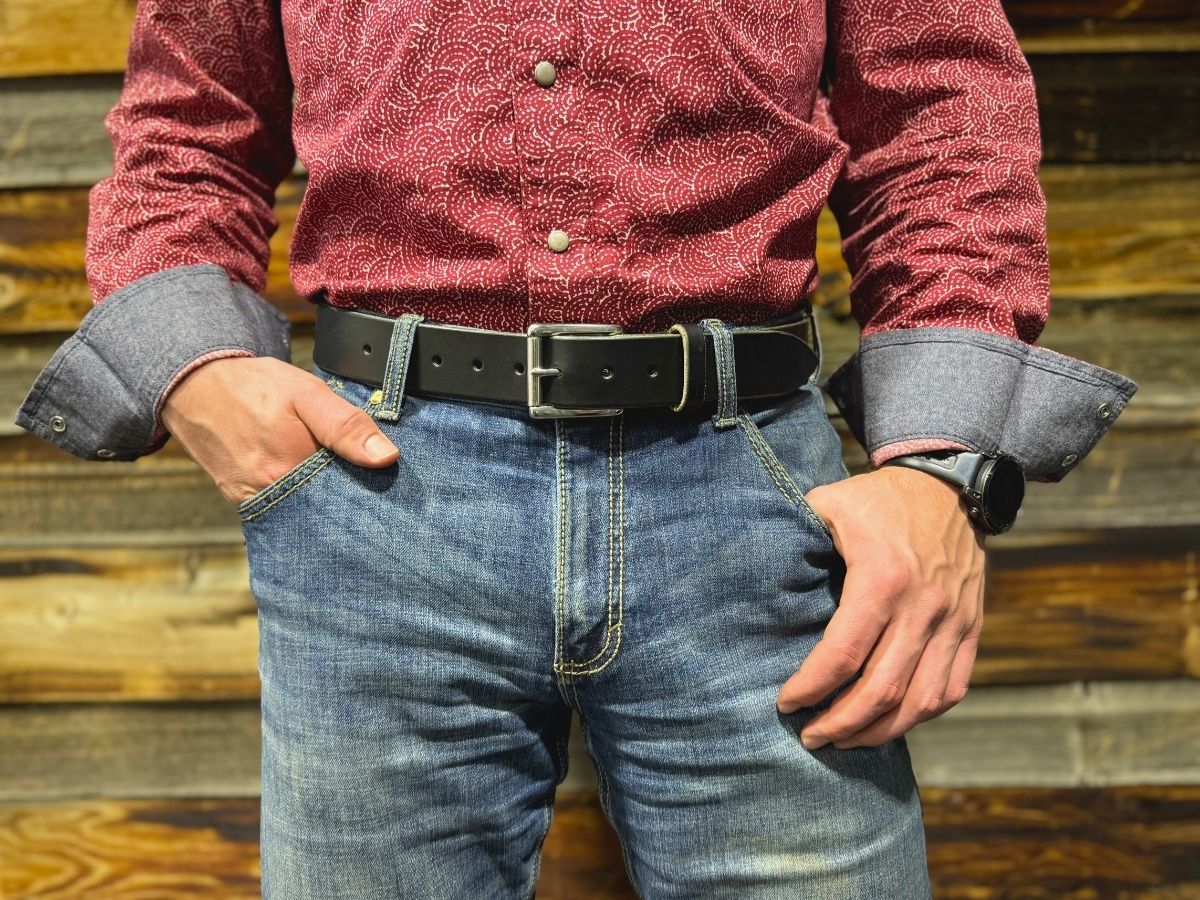 Black leather work belt worn on the job — The Heritage Belt 1.5 inch full-grain English bridle hide, classic fit for any belt loop, made in Alberta Canada - Stewart Leather