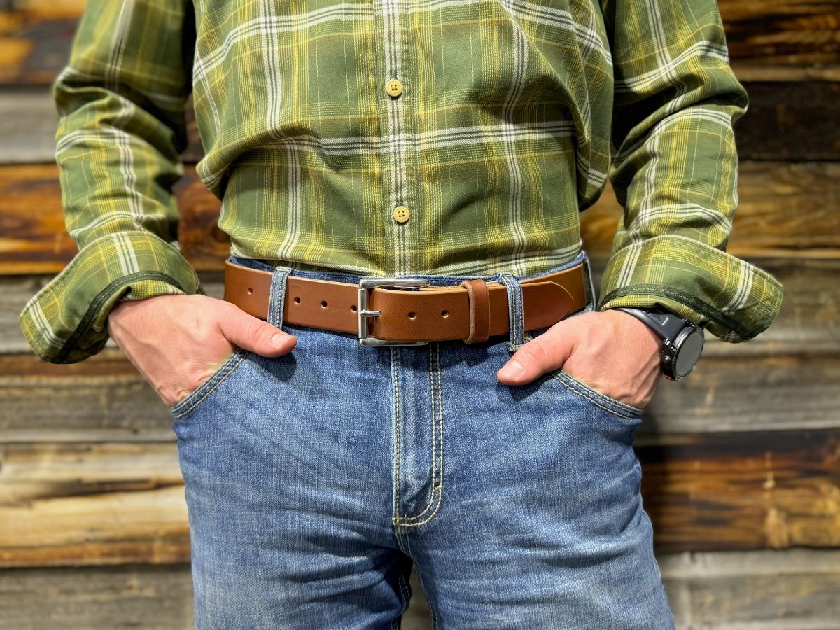 Rich brown leather work belt worn on the job — The Heritage Belt 1.5 inch full-grain English bridle hide, classic fit for any belt loop, made in Alberta Canada - Stewart Leather
