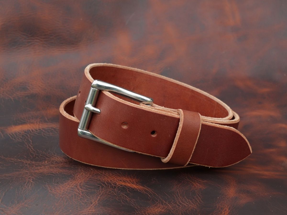 Rich brown full-grain English bridle leather work belt coiled — The Heritage Belt 1.5 inch classic fit handcrafted in Alberta, Canada - Stewart Leather
