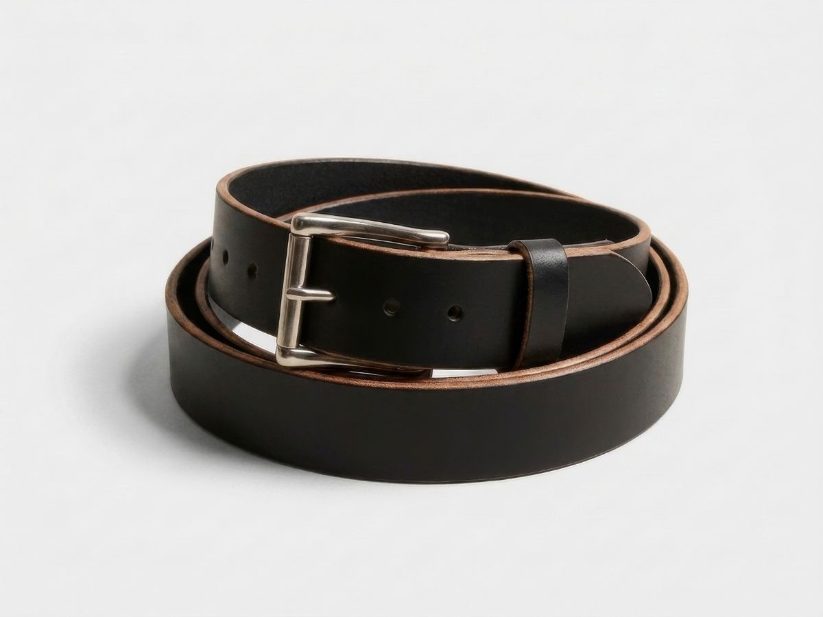 Black full-grain English bridle leather work belt coiled — The Man Belt 1¾ inch heavy duty belt handcrafted in Alberta, Canada - Stewart Leather