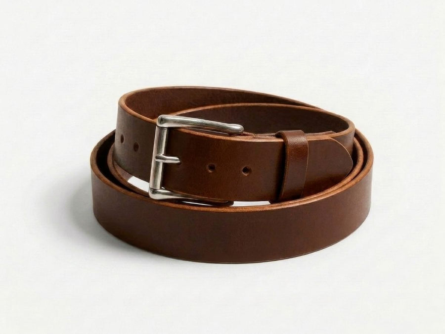 Rich brown full-grain English bridle leather work belt coiled — The Man Belt 1¾ inch heavy duty belt handcrafted in Alberta, Canada - Stewart Leather