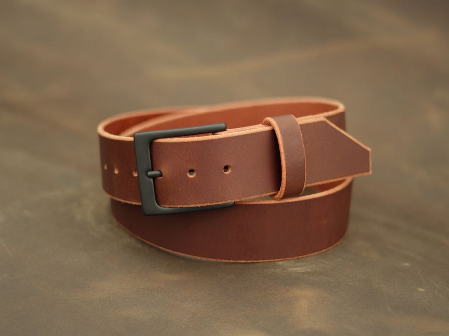 Espresso full-grain Water Buffalo leather mens dress belt coiled — His Belt 1.5 inch rare hide handcrafted in Alberta, Canada - Stewart Leather