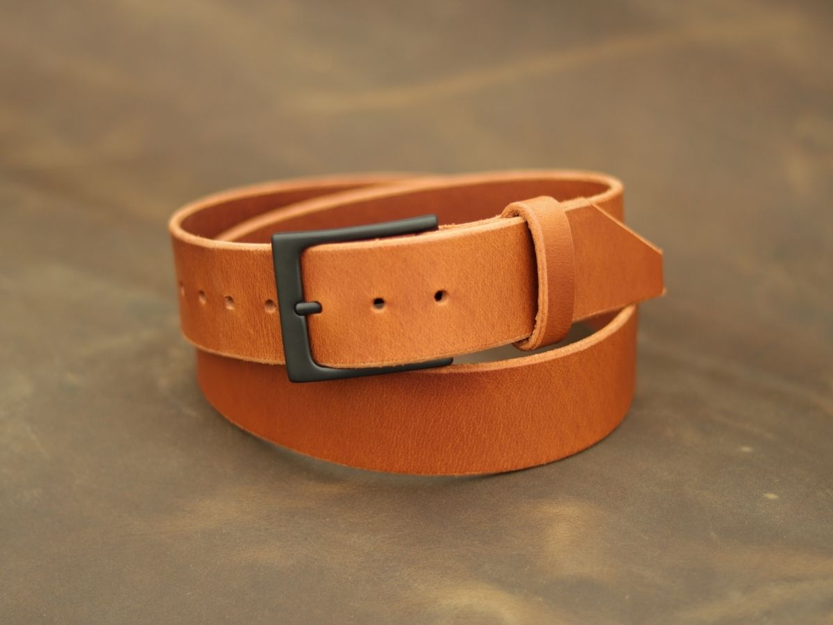 Cognac full-grain Water Buffalo leather mens dress belt coiled — His Belt 1.5 inch rare hide handcrafted in Alberta, Canada - Stewart Leather