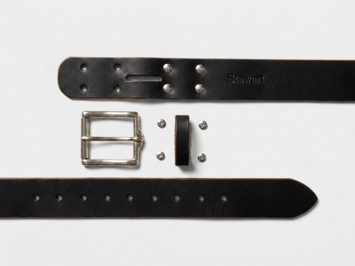 Black full-grain leather work belt showing beeswax burnished edges and stainless hardware — won't twist or fold under hard work, made in Alberta Canada - Stewart Leather