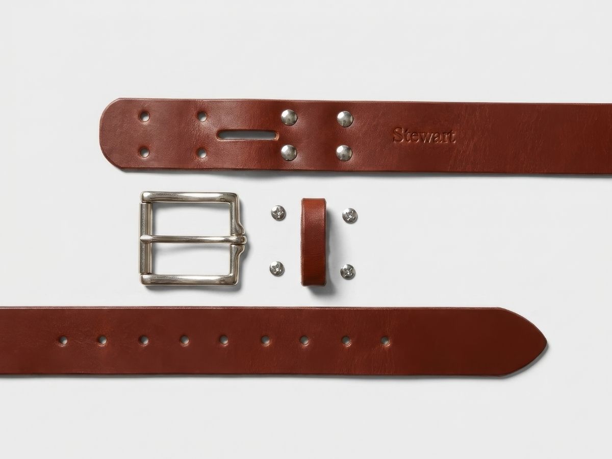 Full-grain chestnut leather belt showing beeswax burnished edges and hand-punched holes — built for trades and hard daily wear - Stewart Leather
