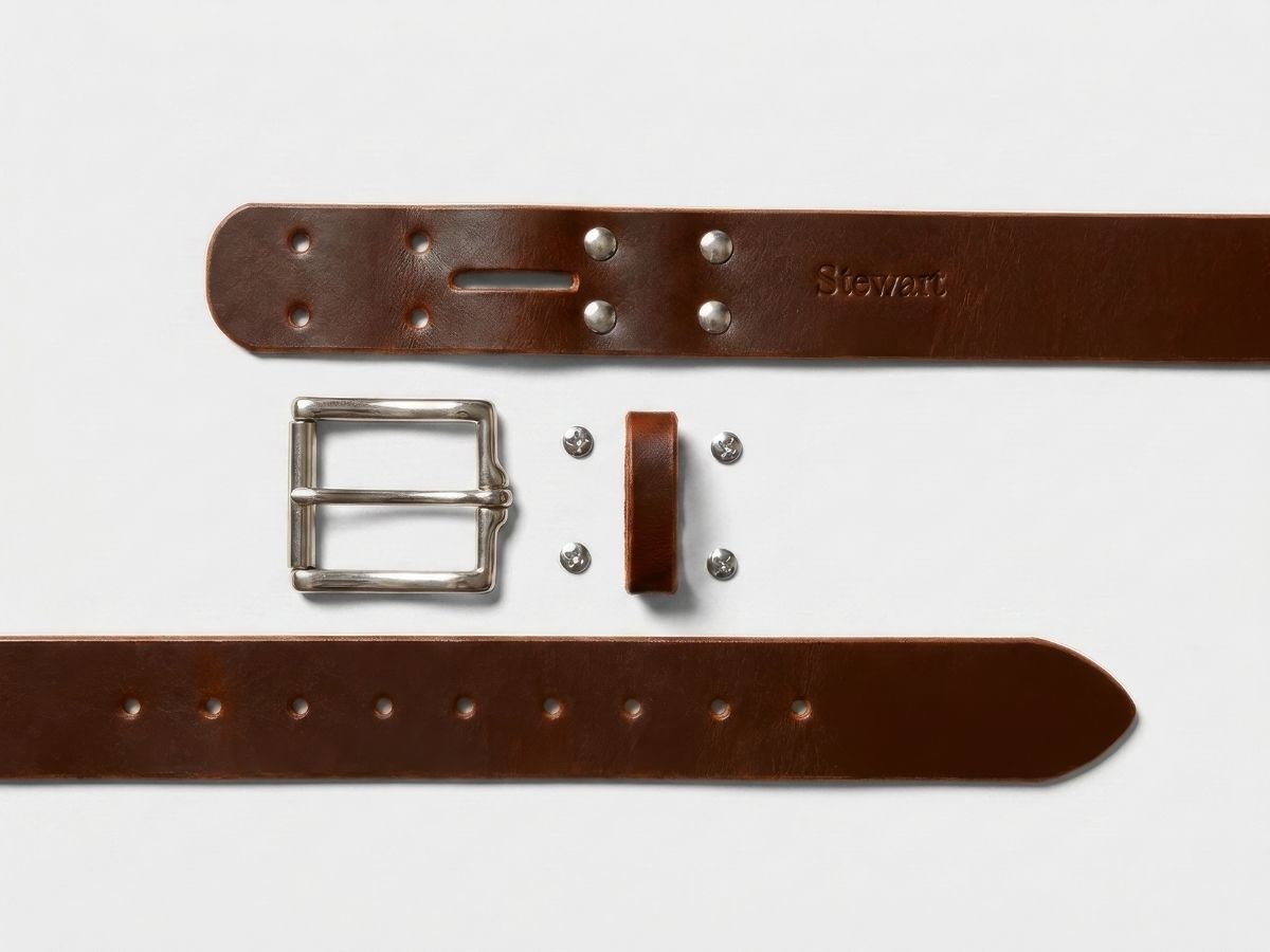 Rich brown full-grain leather work belt showing beeswax burnished edges and stainless hardware — built for blue collar men, made in Alberta Canada - Stewart Leather