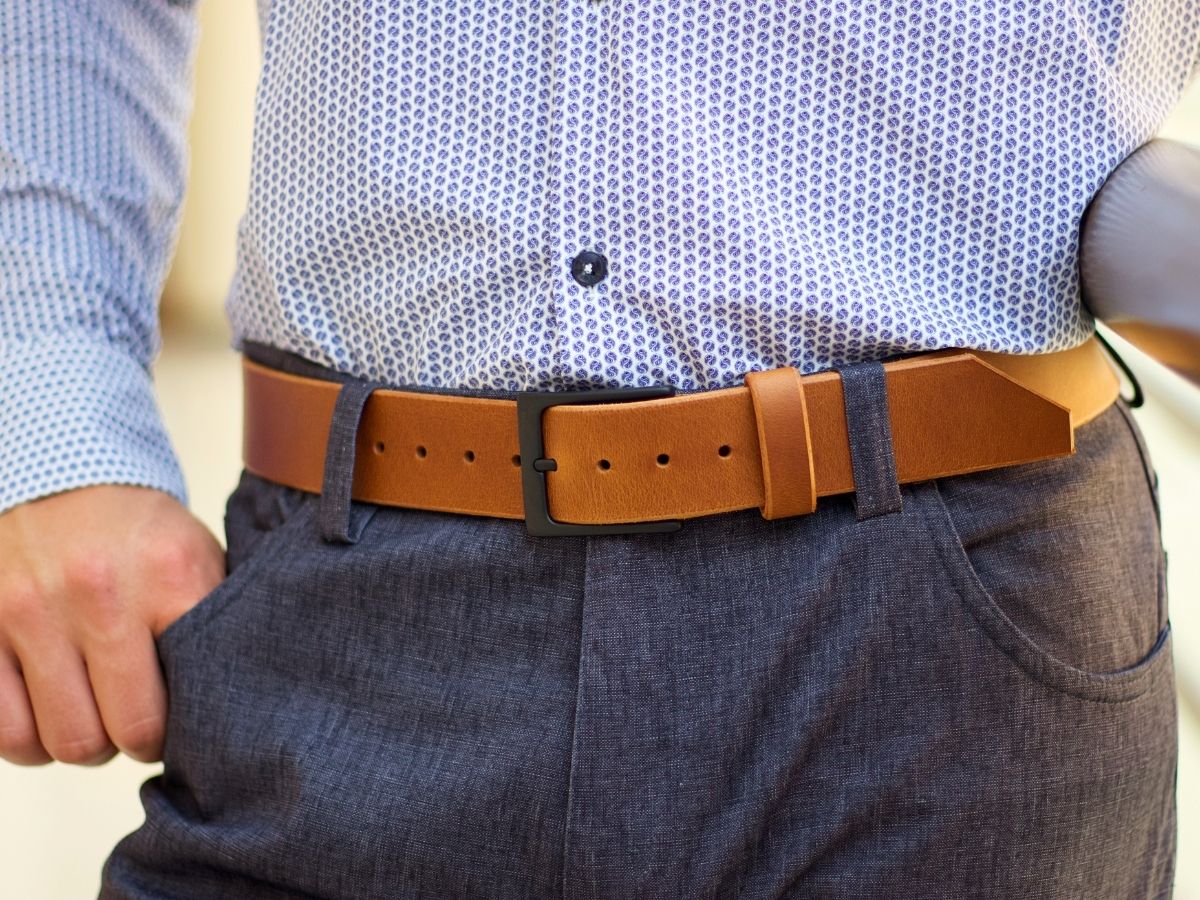Cognac full-grain leather mens dress belt worn with dress pants — His Belt church on Sunday back to work on Monday, handcrafted in Alberta Canada - Stewart Leather