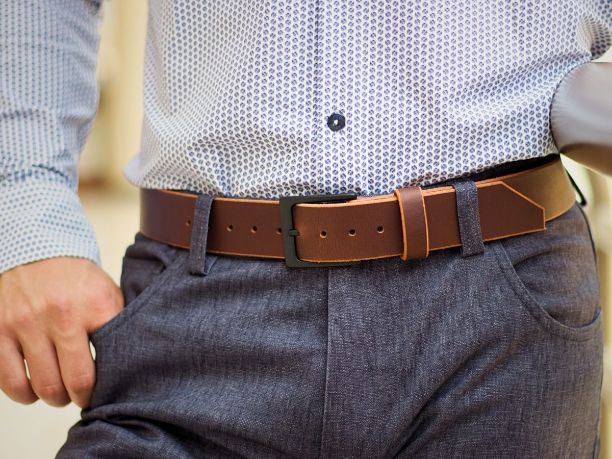 Espresso full-grain leather mens dress belt worn with dress pants — His Belt church on Sunday back to work on Monday, handcrafted in Alberta Canada - Stewart Leather
