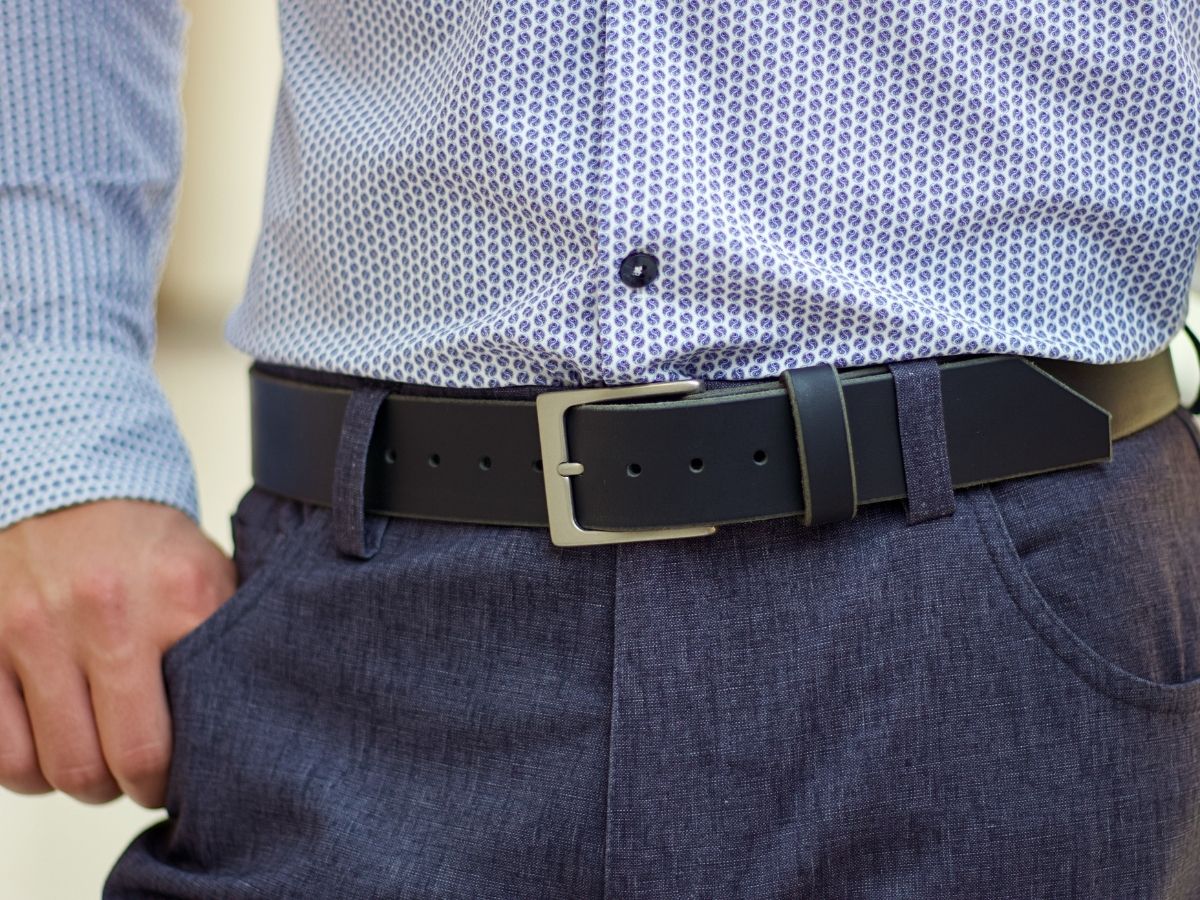 Black full-grain leather mens dress belt worn with dress pants — His Belt church on Sunday back to work on Monday, handcrafted in Alberta Canada - Stewart Leather