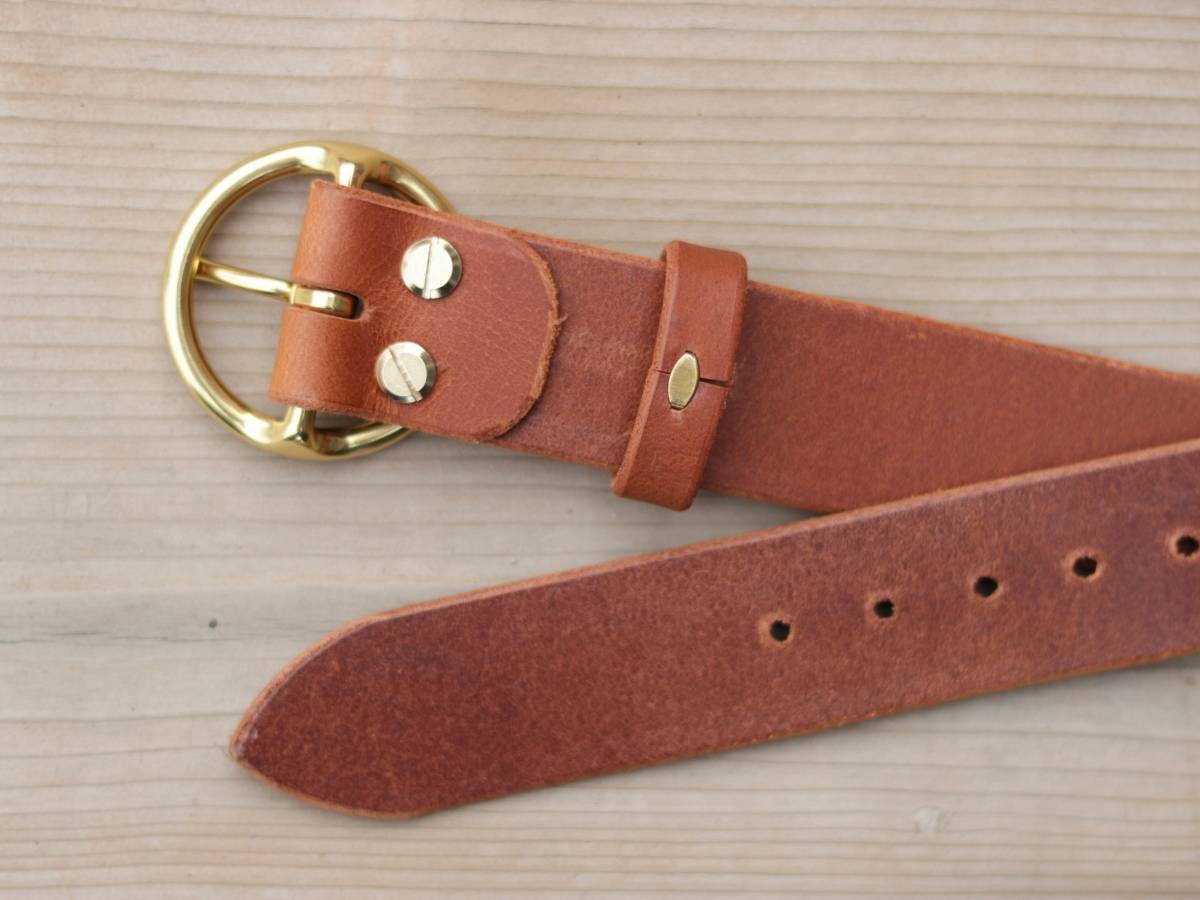 Her Belt Cognac brass buckle back side close-up - Women's work and dress belt - full grain water buffalo leather