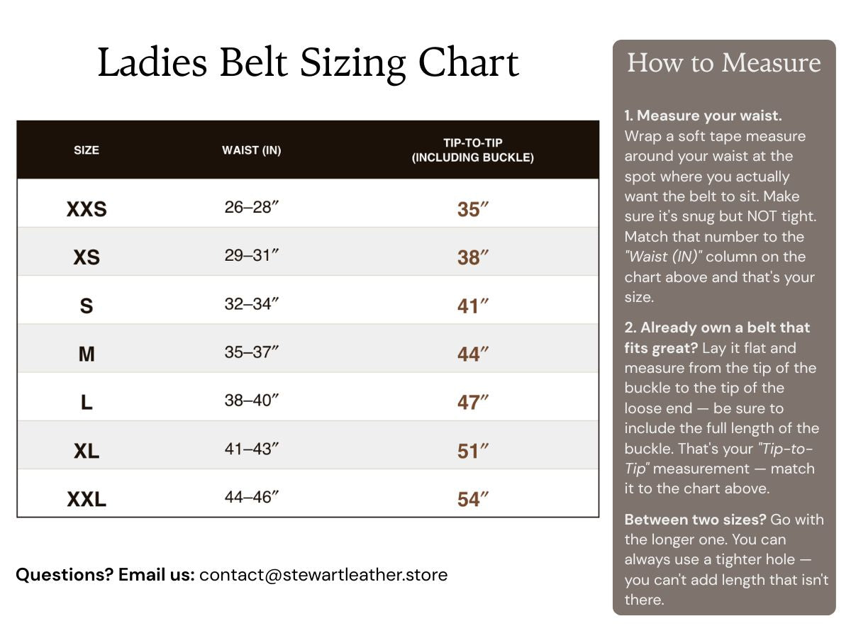 Ladies belt sizing chart - How to measure for a women's leather belt - Stewart Leather