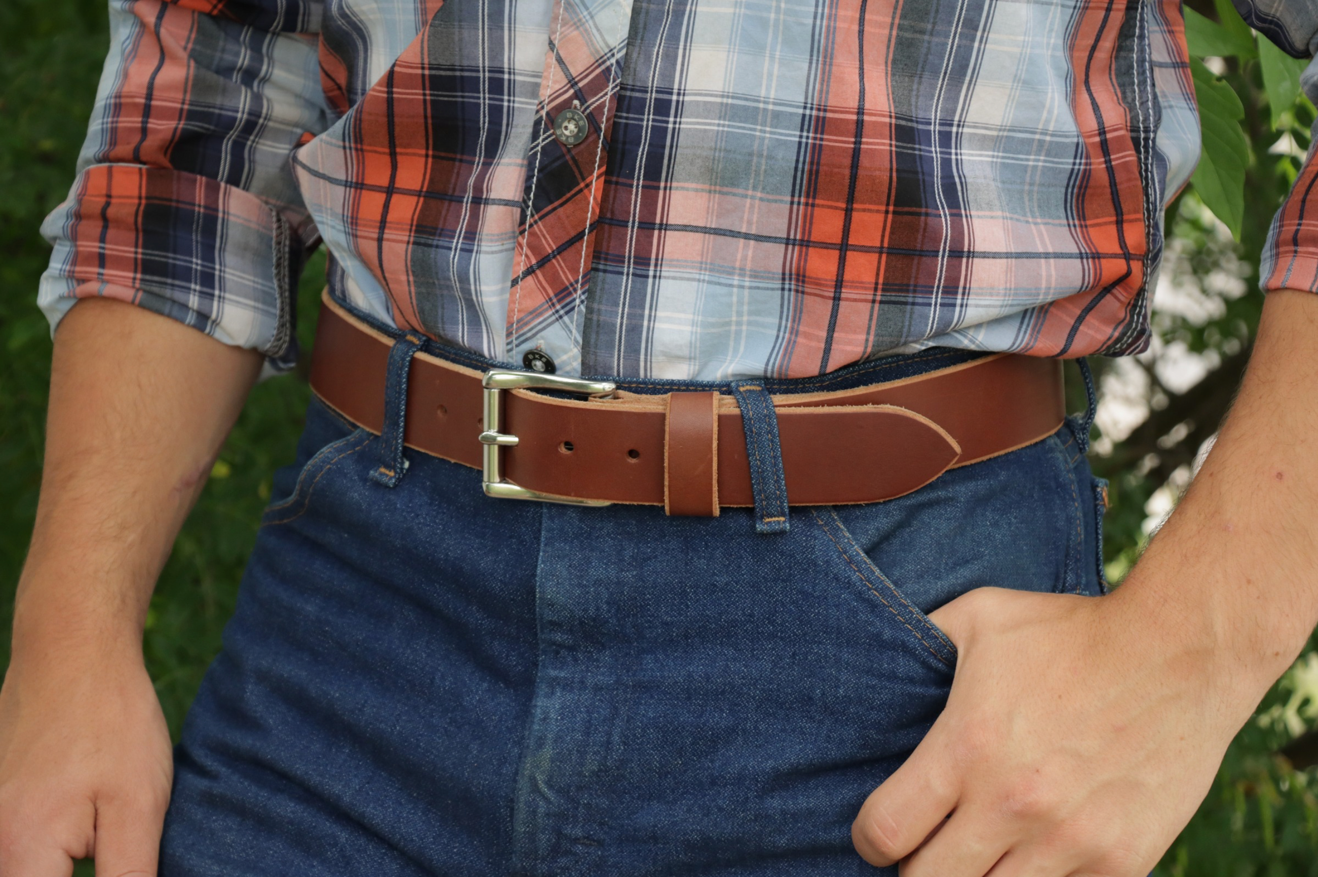 1½ inch Rich Brown heavy-duty leather work belt for men (front action)