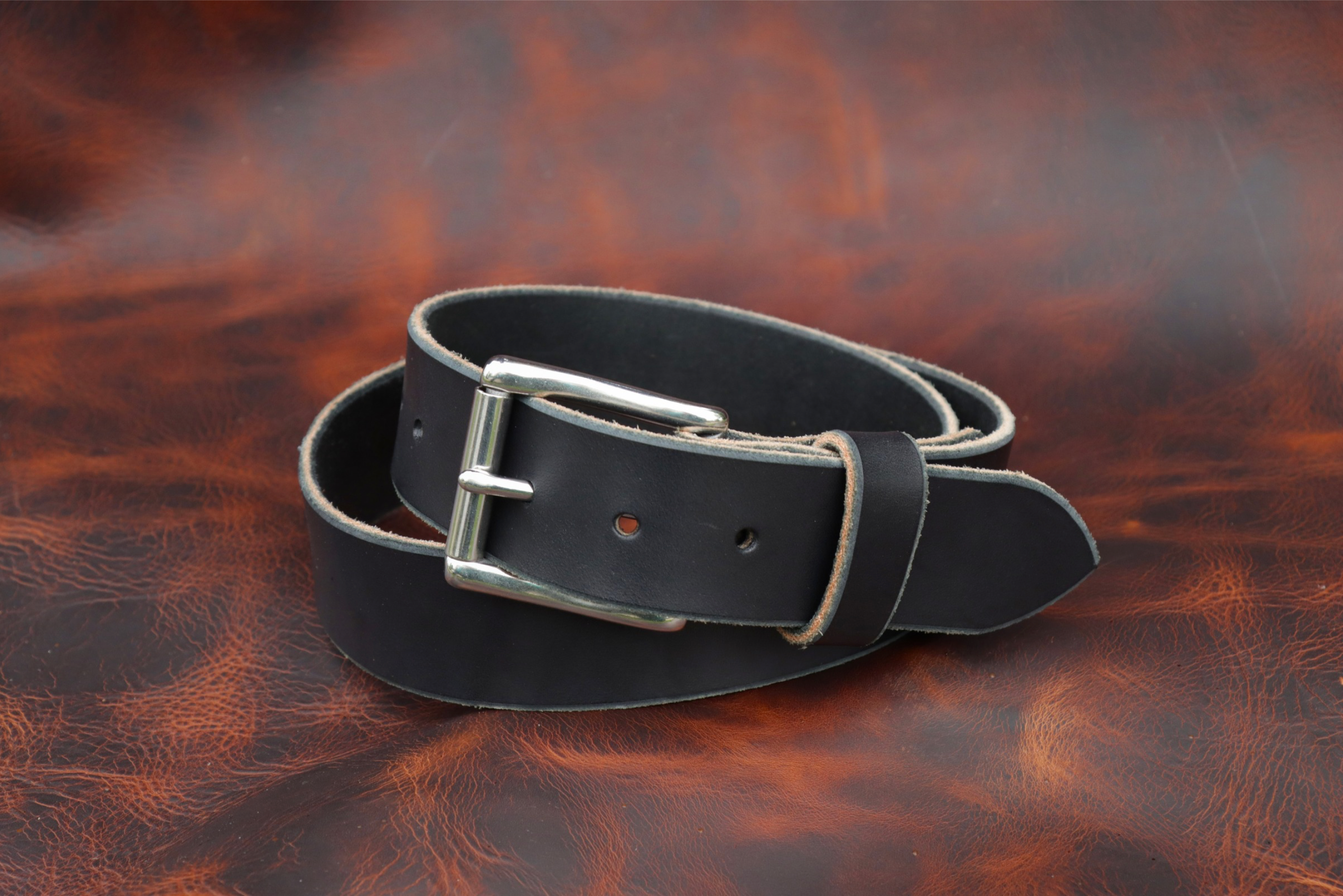 1½ inch black heavy-duty leather work belt for men (front)