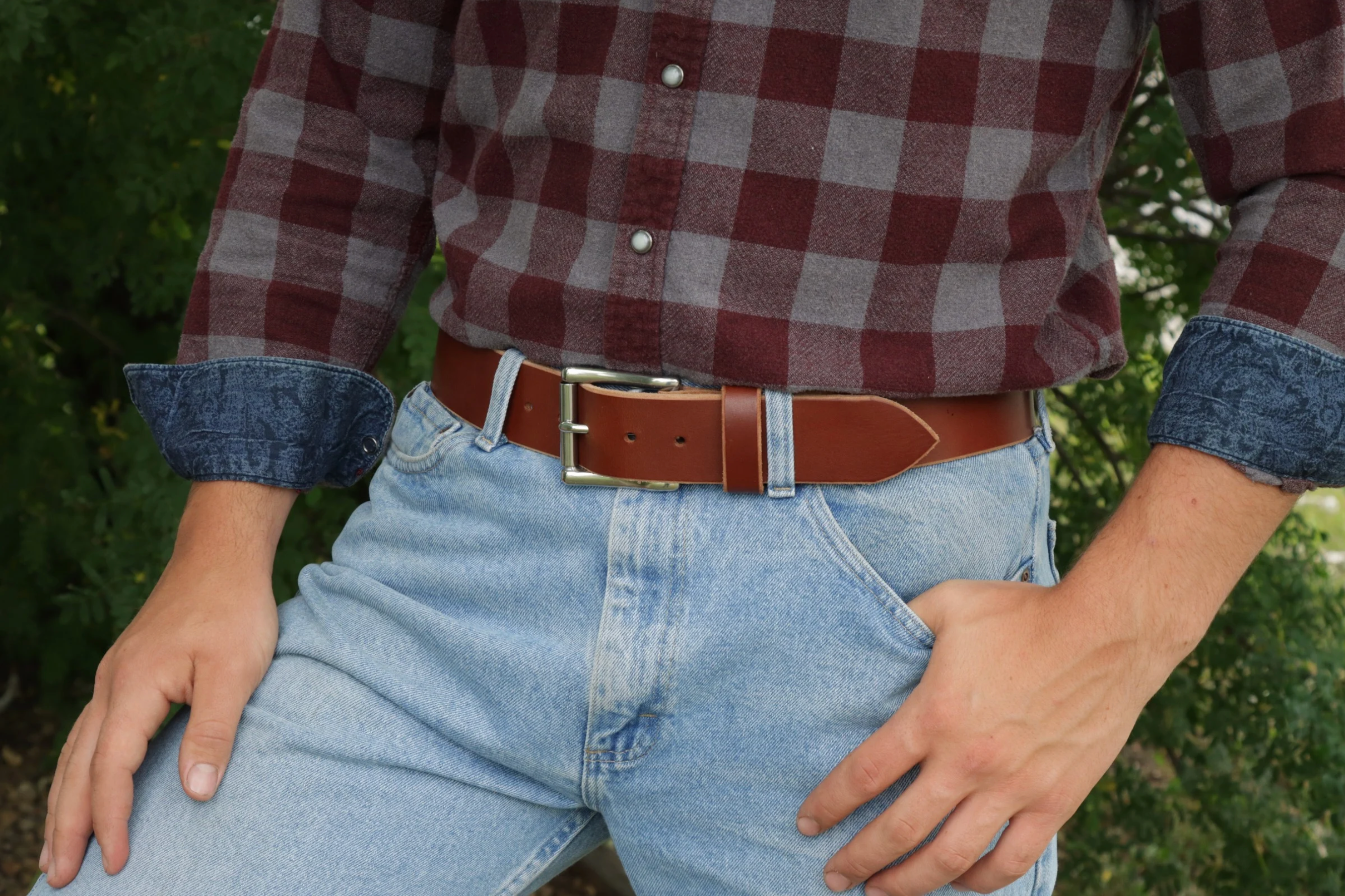 Rich Brown 1¾″ heavy-duty leather work belt – The Man Belt, handcrafted for blue-collar men (standing)