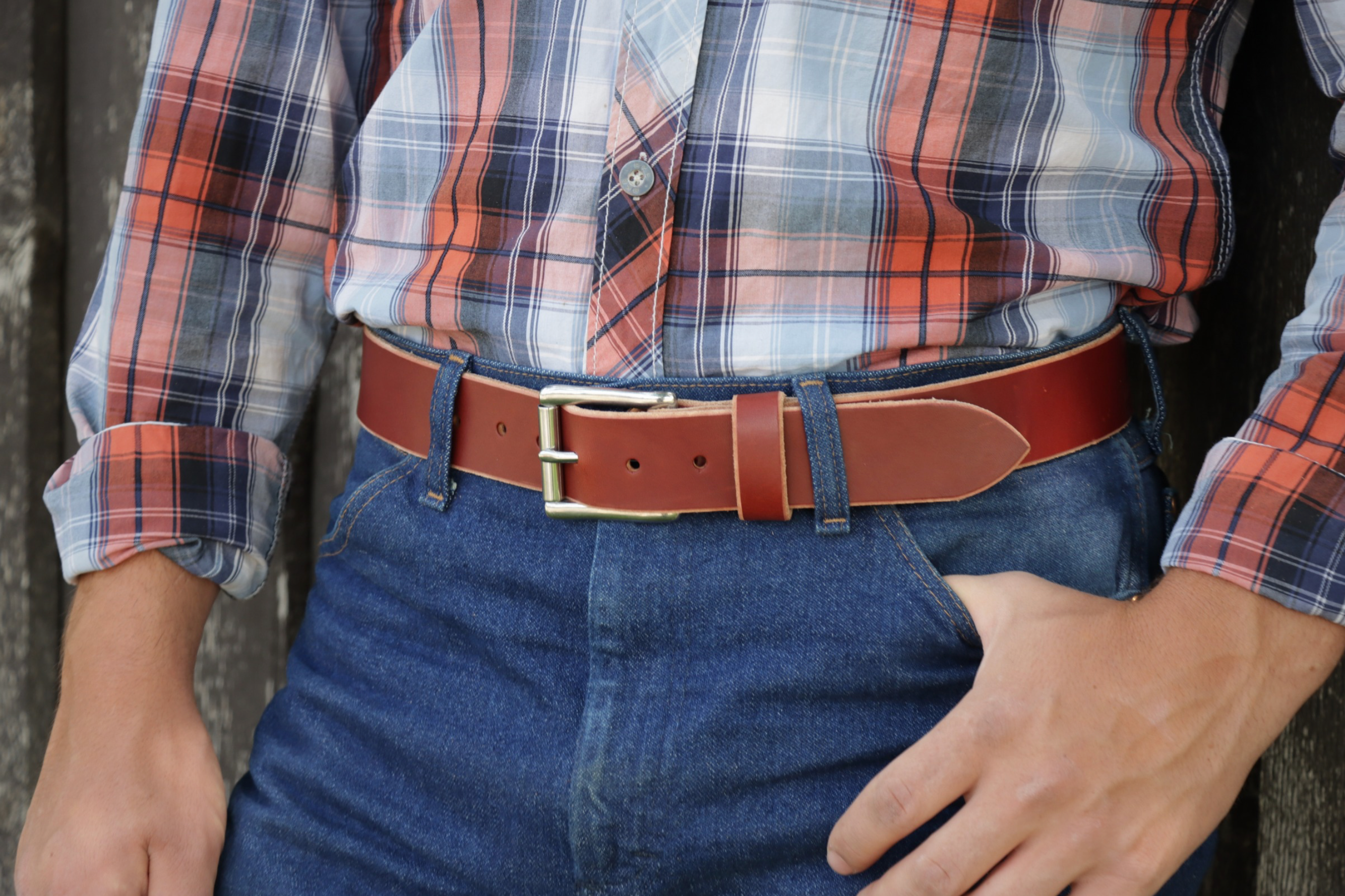 1½ inch chestnut brown heavy-duty leather work belt for men (action)