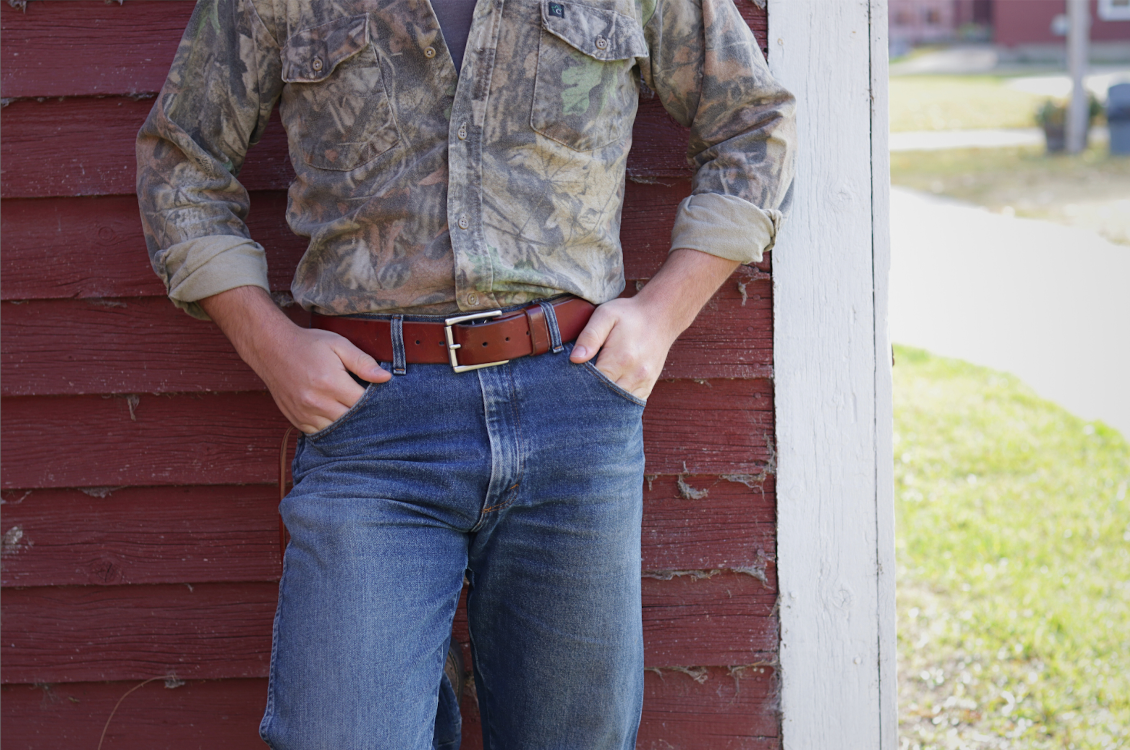 Chestnut 1¾″ heavy-duty leather work belt – The Man Belt, handcrafted for blue-collar men (standing)