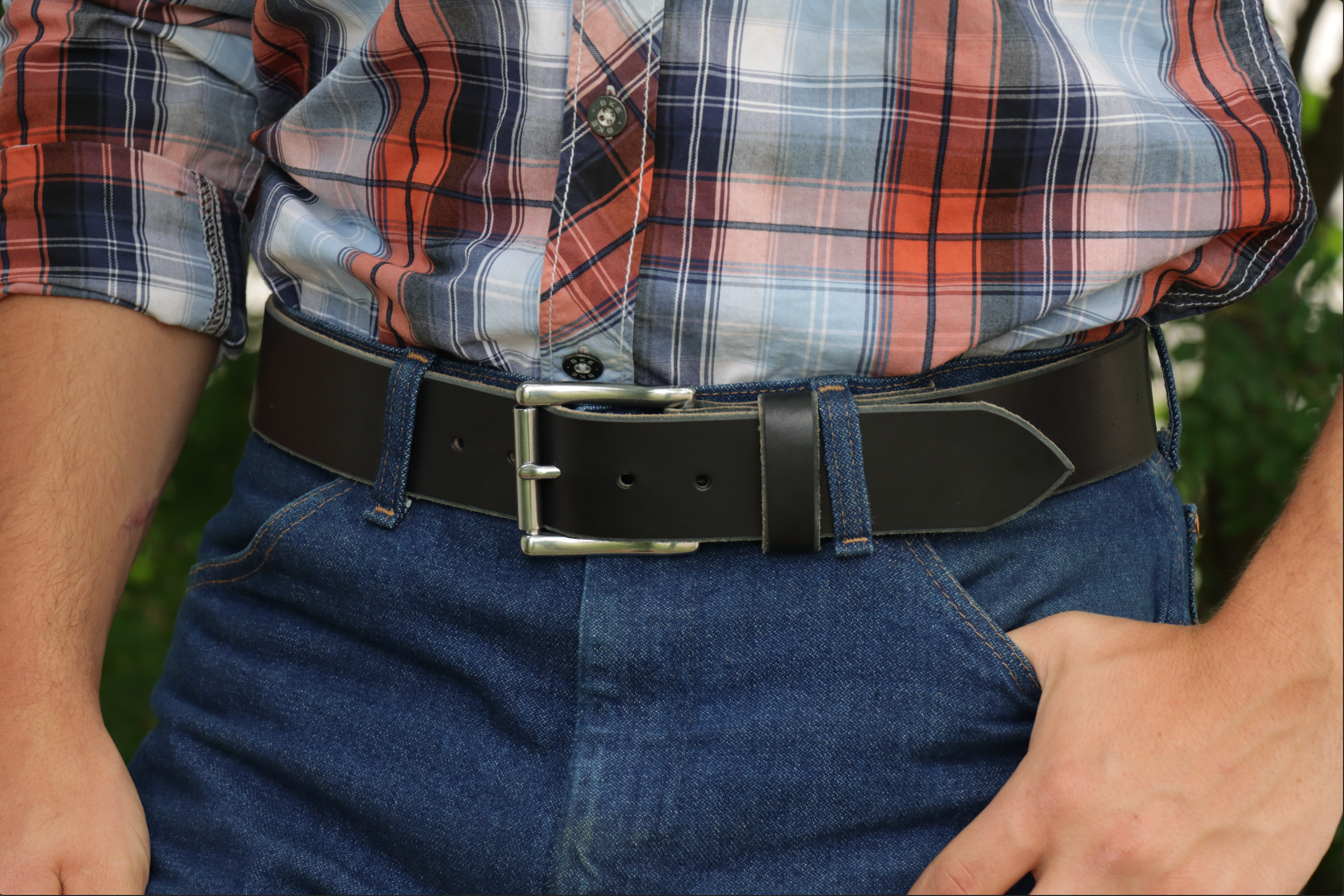 Black 1¾″ heavy-duty leather work belt – The Man Belt, handcrafted for blue-collar men (standing)