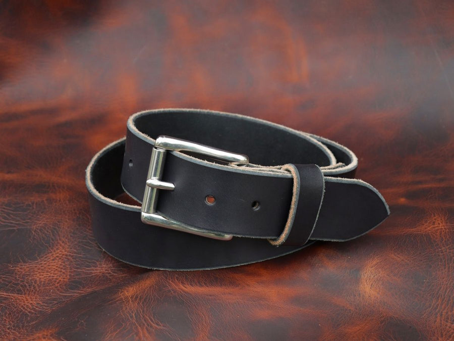 Black full-grain English bridle leather work belt coiled — The Heritage Belt 1.5 inch classic fit handcrafted in Alberta, Canada - Stewart Leather