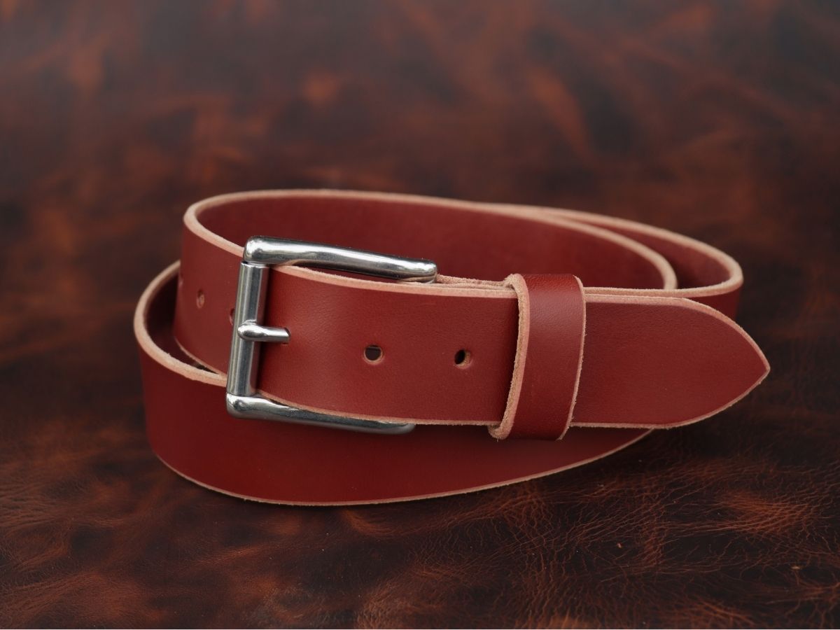Chestnut full-grain English bridle leather work belt coiled — The Heritage Belt 1.5 inch classic fit handcrafted in Alberta, Canada - Stewart Leather