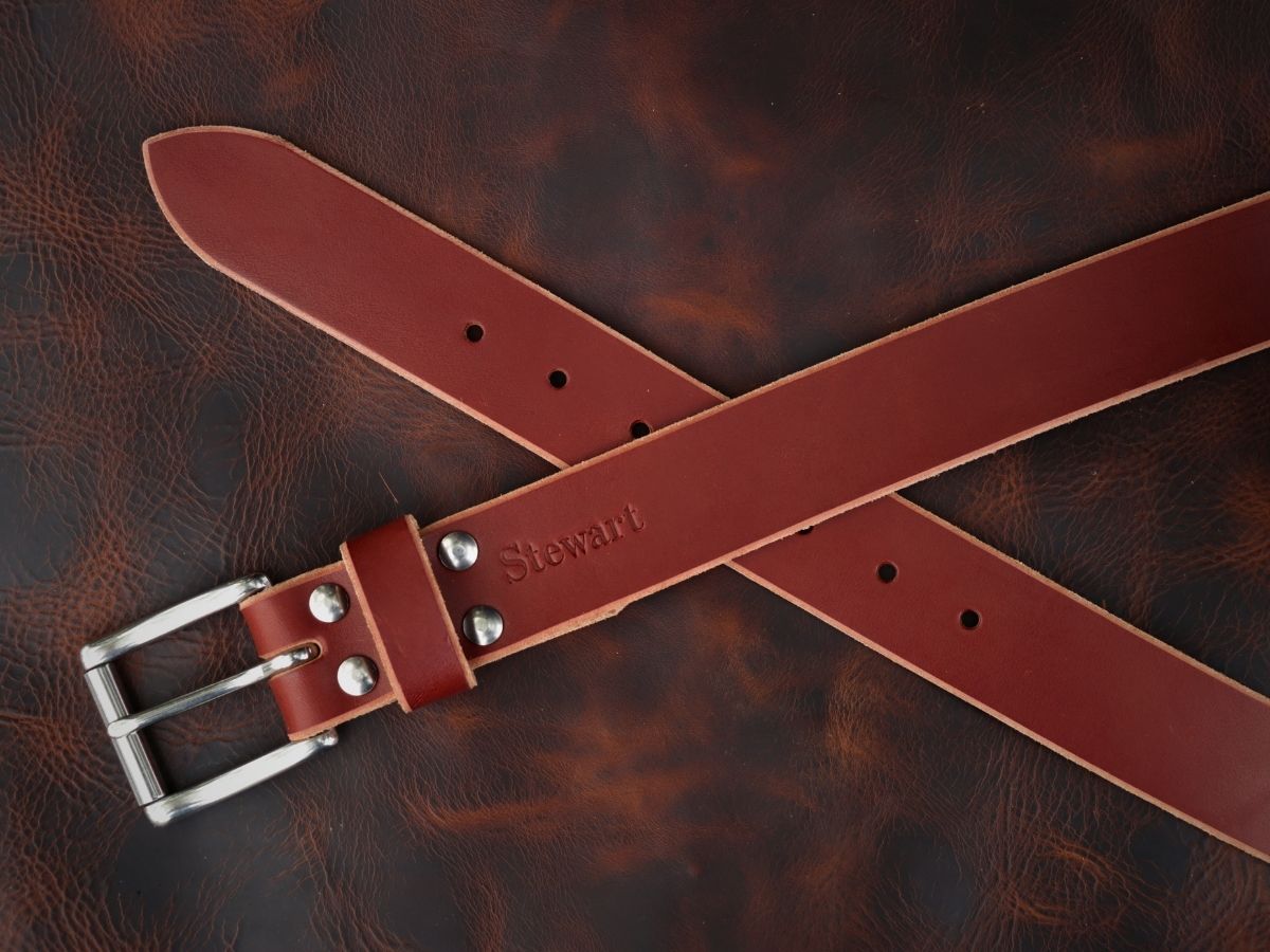 Chestnut Heritage Belt buckle detail — stainless interchangeable buckle with 4 Chicago screws, 1.5 inch full-grain leather belt made in Alberta - Stewart Leather